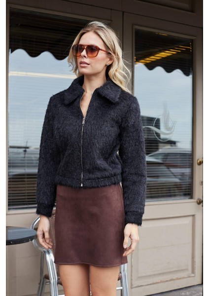 Kadın Likralı Süet Kumaş Hafif Mini Fermuarlı Diz Üstü Kalem Etek-Kahve fiyatları