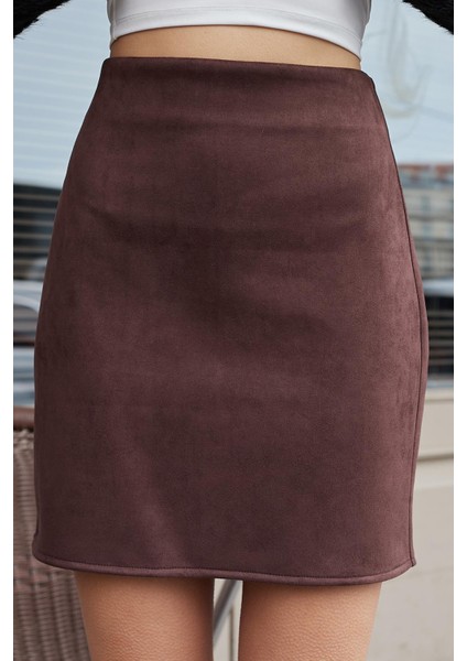 Kadın Likralı Süet Kumaş Hafif Mini Fermuarlı Diz Üstü Kalem Etek-Kahve modelleri