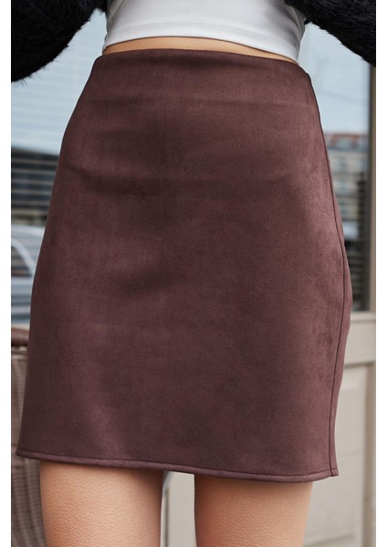 Kadın Likralı Süet Kumaş Hafif Mini Fermuarlı Diz Üstü Kalem Etek-Kahve fırsatları