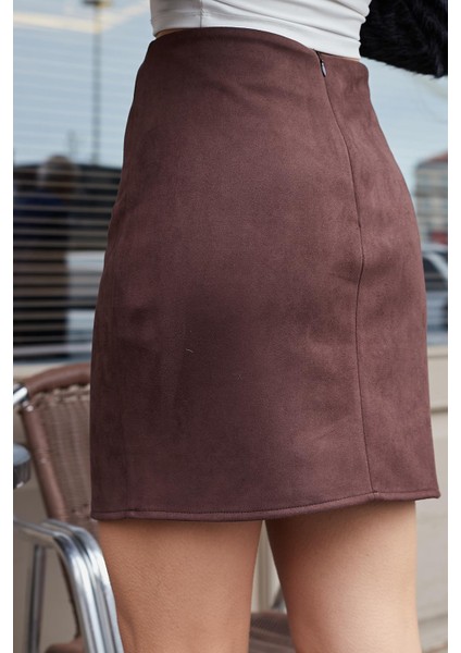 Kadın Likralı Süet Kumaş Hafif Mini Fermuarlı Diz Üstü Kalem Etek-Kahve indirimleri