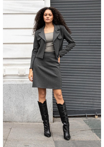 Kadın Kalın Esnek Kumaş Yüksek Bel Diz Üstü Çan Etek-Antrasit