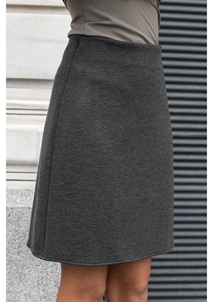 Kadın Kalın Esnek Kumaş Yüksek Bel Diz Üstü Çan Etek-Antrasit