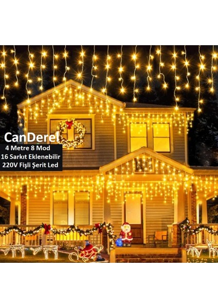 Perde LED Işık 4 Metre Genişlik 50X60X70 Saçak Gün Işığı - 96 Ledli Saçaklı LED 8 Fonksiyonlu