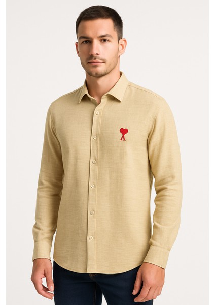 Erkek Nakışlı Keten Gömlek