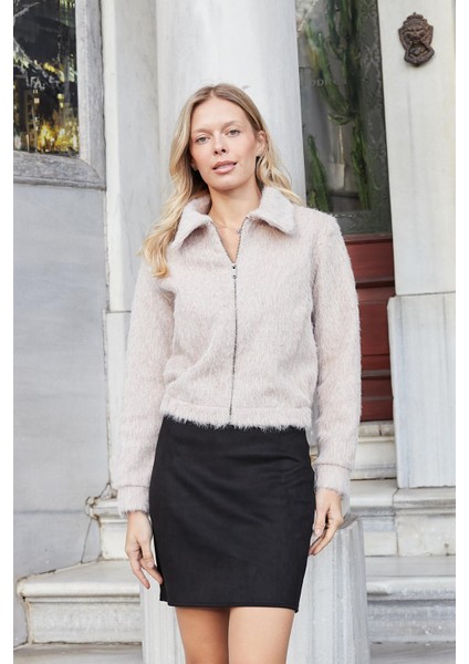 Kadın Likralı Süet Kumaş Hafif Mini Fermuarlı Diz Üstü Kalem Etek-Siyah fiyatları