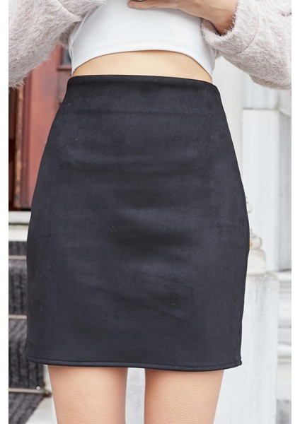 Kadın Likralı Süet Kumaş Hafif Mini Fermuarlı Diz Üstü Kalem Etek-Siyah modelleri