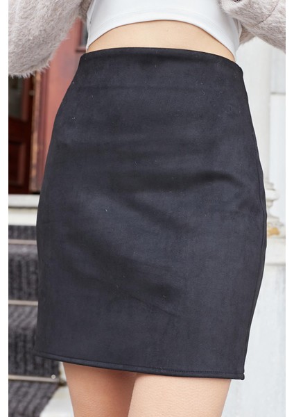 Kadın Likralı Süet Kumaş Hafif Mini Fermuarlı Diz Üstü Kalem Etek-Siyah indirimleri