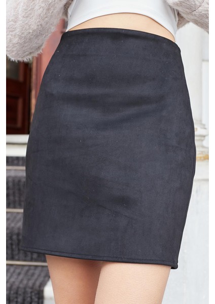 Kadın Likralı Süet Kumaş Hafif Mini Fermuarlı Diz Üstü Kalem Etek-Siyah