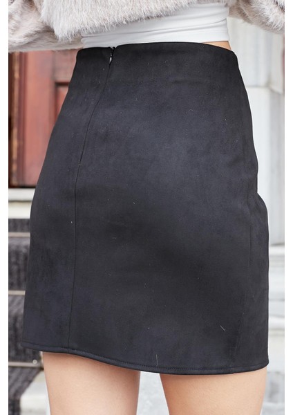 Kadın Likralı Süet Kumaş Hafif Mini Fermuarlı Diz Üstü Kalem Etek-Siyah