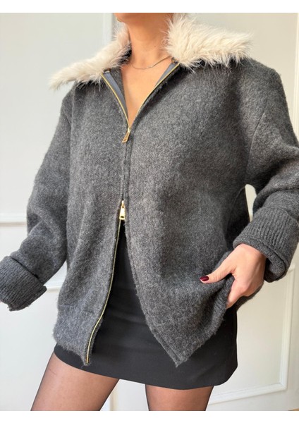 Antrasit Yaka Kürklü Şardonlu Hırka modelleri