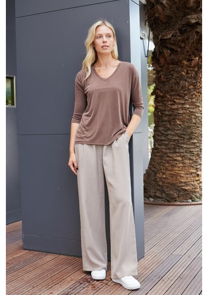 Kadın Kaliteli Modal Esnek Kumaş V Yaka Düşük Omuzlu Kapri Truvakar Kol Hafif Salaş Bluz-Kahve fiyatları
