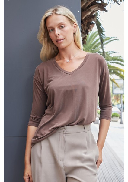 Kadın Kaliteli Modal Esnek Kumaş V Yaka Düşük Omuzlu Kapri Truvakar Kol Hafif Salaş Bluz-Kahve modelleri
