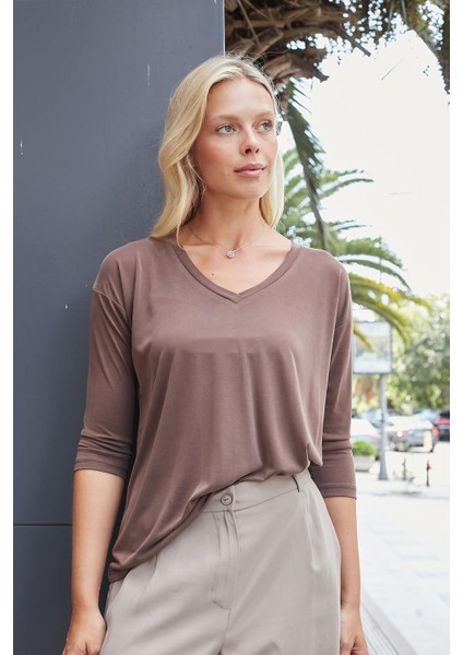 Kadın Kaliteli Modal Esnek Kumaş V Yaka Düşük Omuzlu Kapri Truvakar Kol Hafif Salaş Bluz-Kahve fırsatları