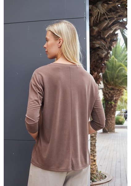 Kadın Kaliteli Modal Esnek Kumaş V Yaka Düşük Omuzlu Kapri Truvakar Kol Hafif Salaş Bluz-Kahve