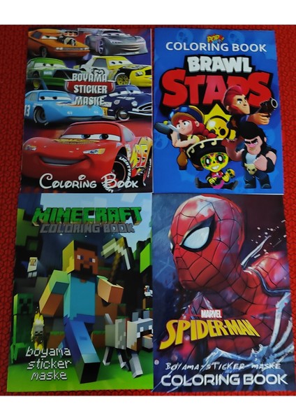 4 Adet Stickerli Boyama Kitabı (Brawlstars,arabalar,minecraft,örümcek Ad. Figürlü)
