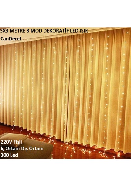 Fişli 3x3 Metre 8 Fonksiyonlu Animasyonlu Perde LED Işık Saçak LED Işık 300 LED Yılbaşı Işığı Süsü