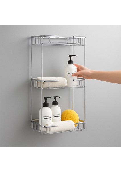 Banyo Duş Köşe Rafı Üç Katlı Kare Şampuanlık Krom Paslanmaz Metal Düzenleyici Raf Sistemi 50 cm
