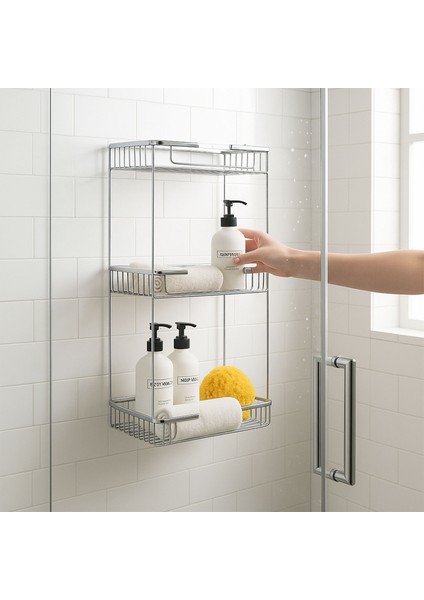 Banyo Duş Köşe Rafı Üç Katlı Kare Şampuanlık Krom Paslanmaz Metal Düzenleyici Raf Sistemi 50 cm indirimleri