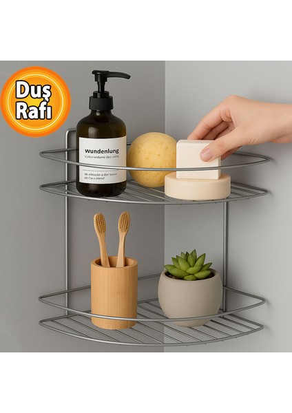 Iki Katlı Krom Banyo Duş Köşe Rafı Paslanmaz Metal Şampuanlık Duvar Montajlı Düzenleyici Raf Seti