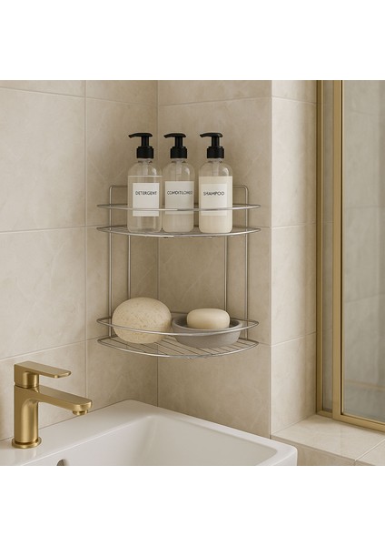 Iki Katlı Krom Banyo Duş Köşe Rafı Paslanmaz Metal Şampuanlık Duvar Montajlı Düzenleyici Raf Seti fiyatları