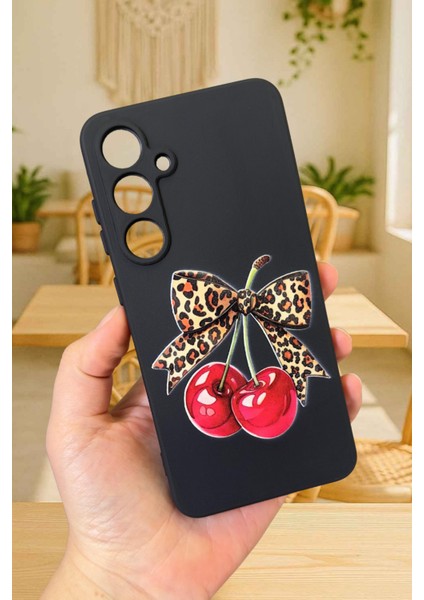 Samsung Galaxy S24FE Uyumlu Kiraz Leopar Fiyonk Desenli Silikon Darbe Emici Rubber Kılıf