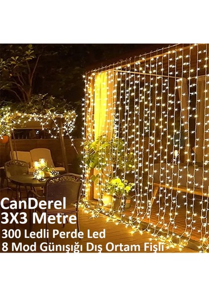 Fişli 3x3 Metre 8 Fonksiyonlu Animasyonlu Perde LED Işık Saçak LED Işık 300 LED Yılbaşı Işığı Süsü