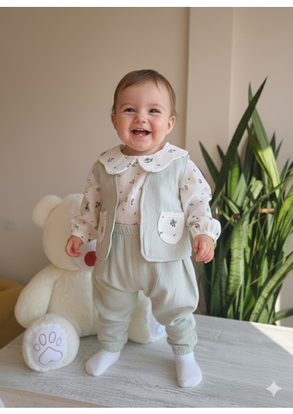 Kız Bebek Çocuk Üçlü Takım Yelekli Müslin Keten %100 Pamuk Şık Tasarım