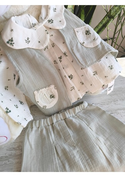 Kız Bebek Çocuk Üçlü Takım Yelekli Müslin Keten %100 Pamuk Şık Tasarım modelleri