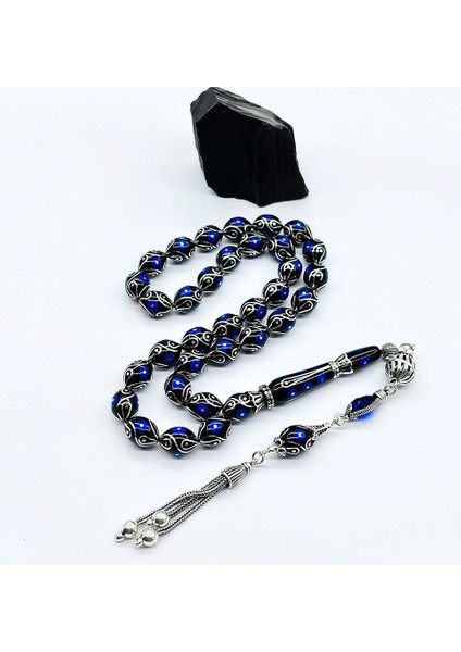 Gümüş Işlemeli Usta Işçilikli Orijinal Oltu Taşı Tesbih