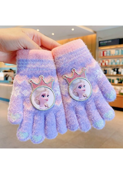 Çocuk Elnleri 2025 Sonbahar ve Kış Küçük Kız Elsa Prenses Beş Parmaklı Elnler Bebek 4-8 ​​yaş Arası 5 Antifrizli Sıcak Parmaklı Eln (Yurt Dışından)