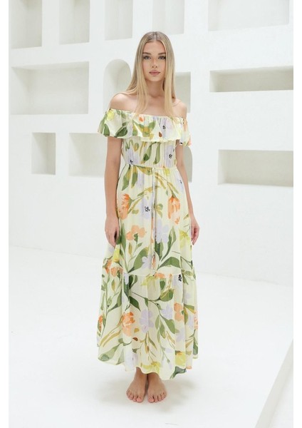 Madonna Yaka Elbise - Yeşil - Ekru