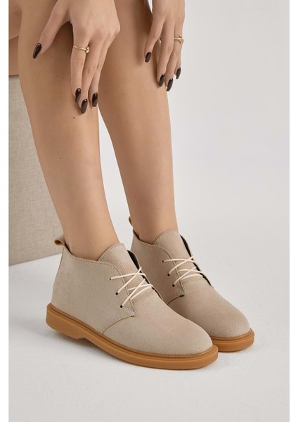 Bağcıklı Bilek Boy Klasik Termo Taban Bot - Krem Süet - 40