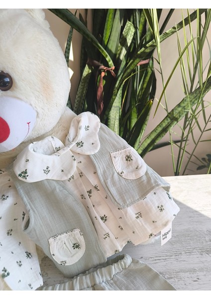 Kız Bebek Çocuk Üçlü Takım Yelekli Müslin Keten %100 Pamuk Şık Tasarım