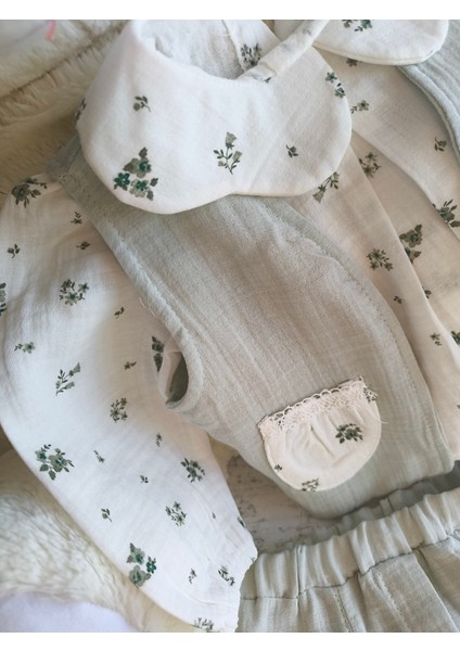 Kız Bebek Çocuk Üçlü Takım Yelekli Müslin Keten %100 Pamuk Şık Tasarım