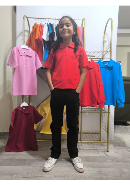 unisex Çocuk Genç Polo Yaka Kısa Kol Okul Günlük Tişört, Nefes Alabilen Kumaş