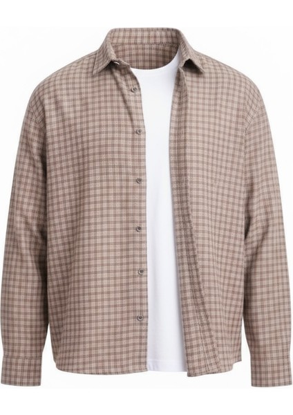 Alfonso Ekose Büyük Kareli Relaxed Fit %100 Pamuklu Flanel Kumaş Erkek Gömlek - Bej
