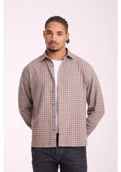 Alfonso Ekose Büyük Kareli Relaxed Fit %100 Pamuklu Flanel Kumaş Erkek Gömlek - Bej fiyatları