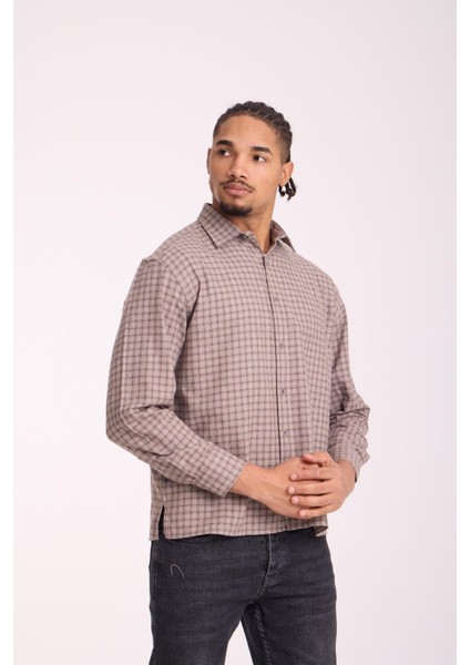 Alfonso Ekose Büyük Kareli Relaxed Fit %100 Pamuklu Flanel Kumaş Erkek Gömlek - Bej