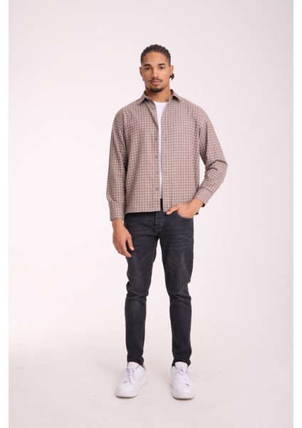 Alfonso Ekose Büyük Kareli Relaxed Fit %100 Pamuklu Flanel Kumaş Erkek Gömlek - Bej