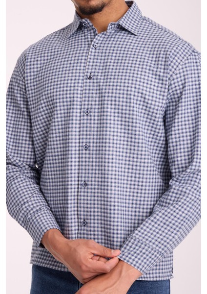 Jonas Ekose Küçük Kareli Relaxed Fit %100 Pamuklu Flanel Kumaş Erkek Gömlek - Taş modelleri