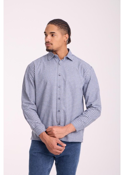 Jonas Ekose Küçük Kareli Relaxed Fit %100 Pamuklu Flanel Kumaş Erkek Gömlek - Taş