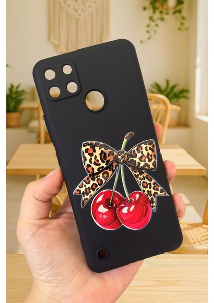 Realme C21Y ve C25Y Uyumlu Kiraz Leopar Fiyonk Desenli Silikon Darbe Emici Rubber Kılıf