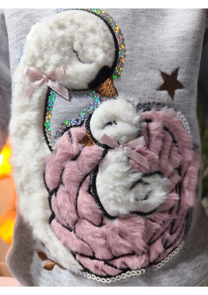 Kız Çocuk Peluş Detaylı Kabartmalı Kalın Takım Cepli %100 Pamuk