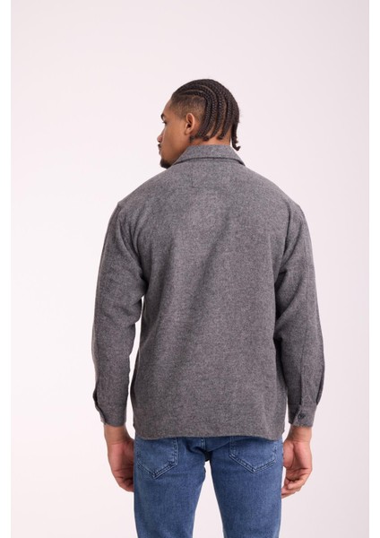 Frankel Kaşe Kumaş Tek Cepli Relaxed Fit Erkek Gömlek - Açık Gri