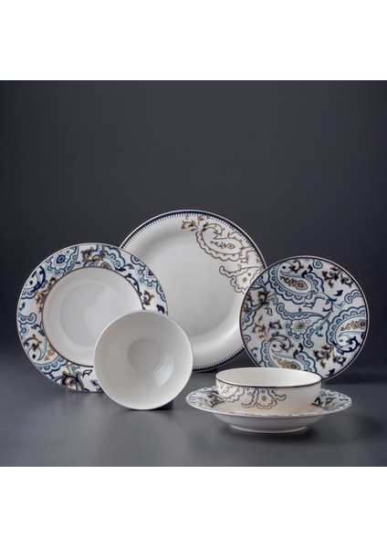 Dream 6 Kişilik 24 Parça Desenli Yemek Takımı Mavi Fine Bone Malzemeden