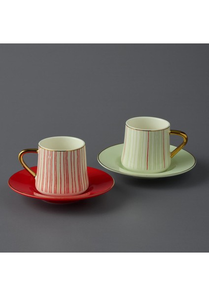 Ruben 2'li Desenli Kahve Fincan Takımı Kırmızı Renk 4 Parça Kulplu