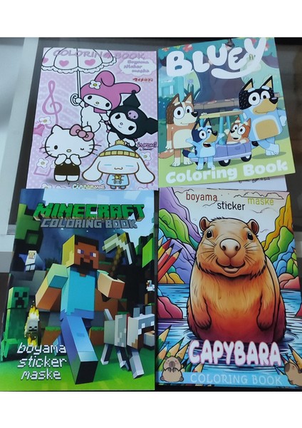 4 Adet Stickerli Boyama Kitabı (Hello Kitty,capybara,minecraft,bluey Figürlü