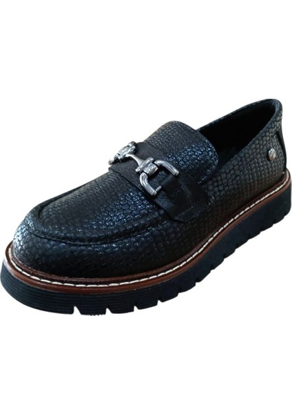 D25KA-3240 Kadın Hakiki Deri Baskılı Tokalı Casual Günlük Ayakkabı Siyah Kroko