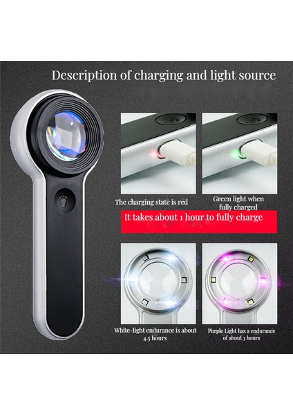 Mücevher Okuması Için LED Işık, Beyaz ve Mor Büyüteç ile 60 Kat Hd Taşınabilir USB Şarjı (Yurt Dışından) fiyatları