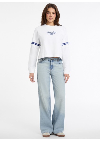 Yuvarlak Yaka Baskılı Beyaz Kadın Sweatshırt Guess Jeans Kadın Sweatshirt